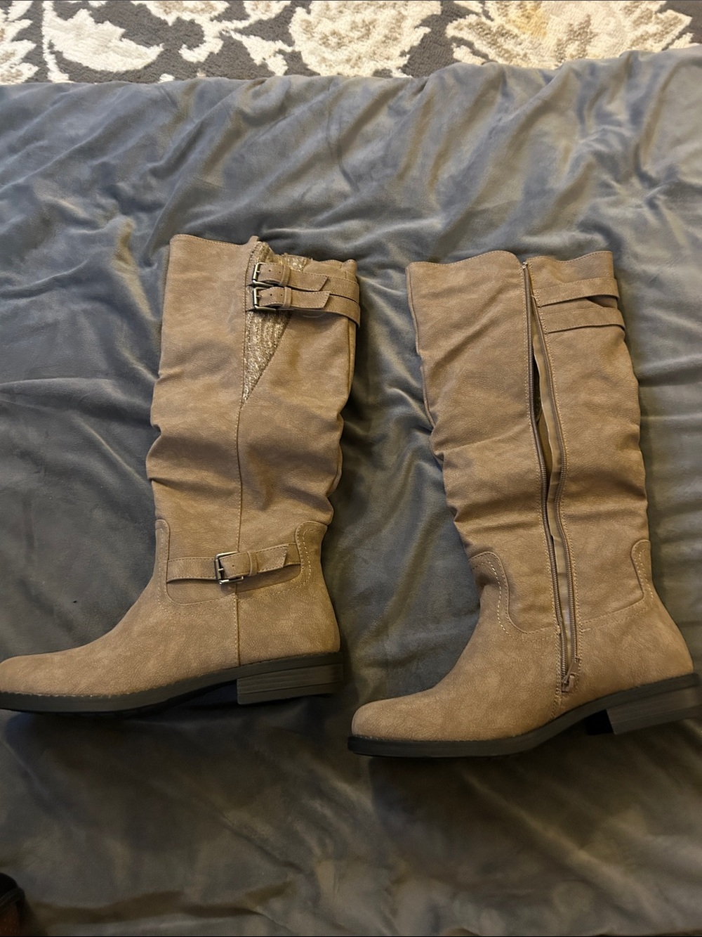 Wanted Knee-High Buckle Riding Boots in Taupe